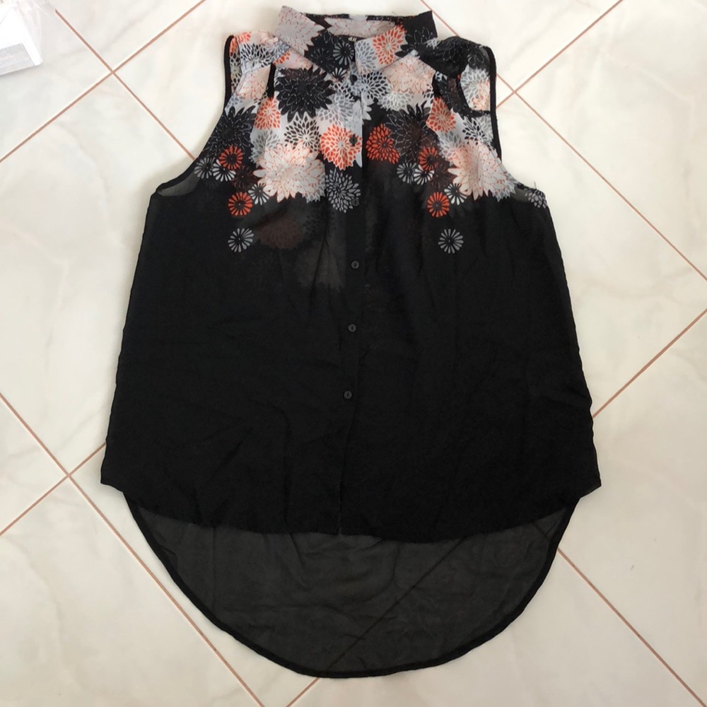 Sheer black top with orange and gray flowers